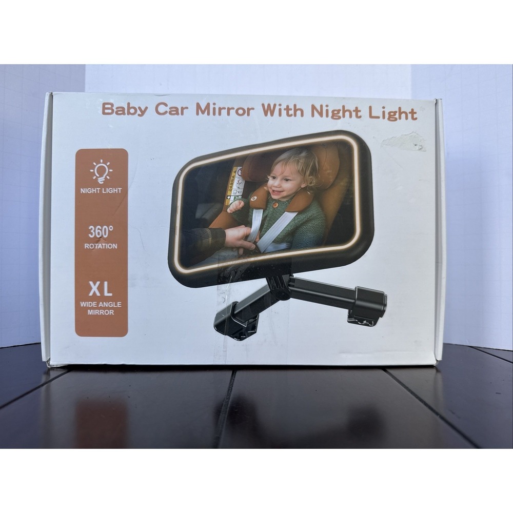 Baby Car Mirror w/ LED Night Light XL Wide Angle 360° Rear Facing Infant Safety
